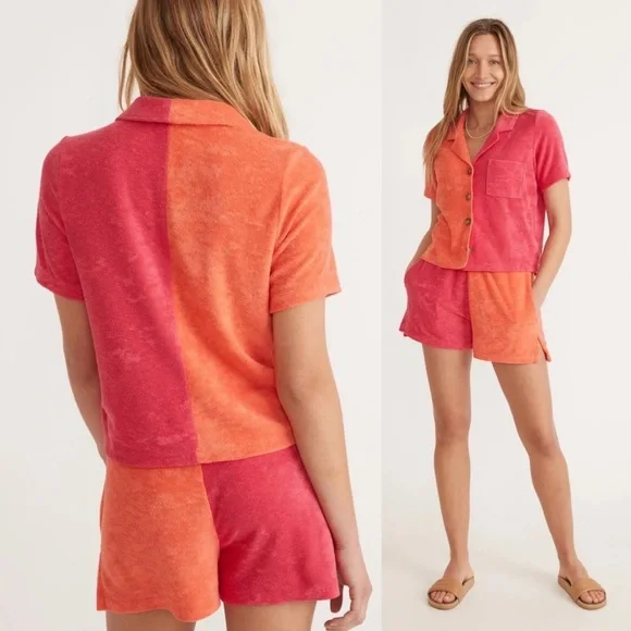 MARINE LAYER Women’s Terry Out Jacquard Resort Shirt in Hot Coral Colorblock - Picture 2 of 14